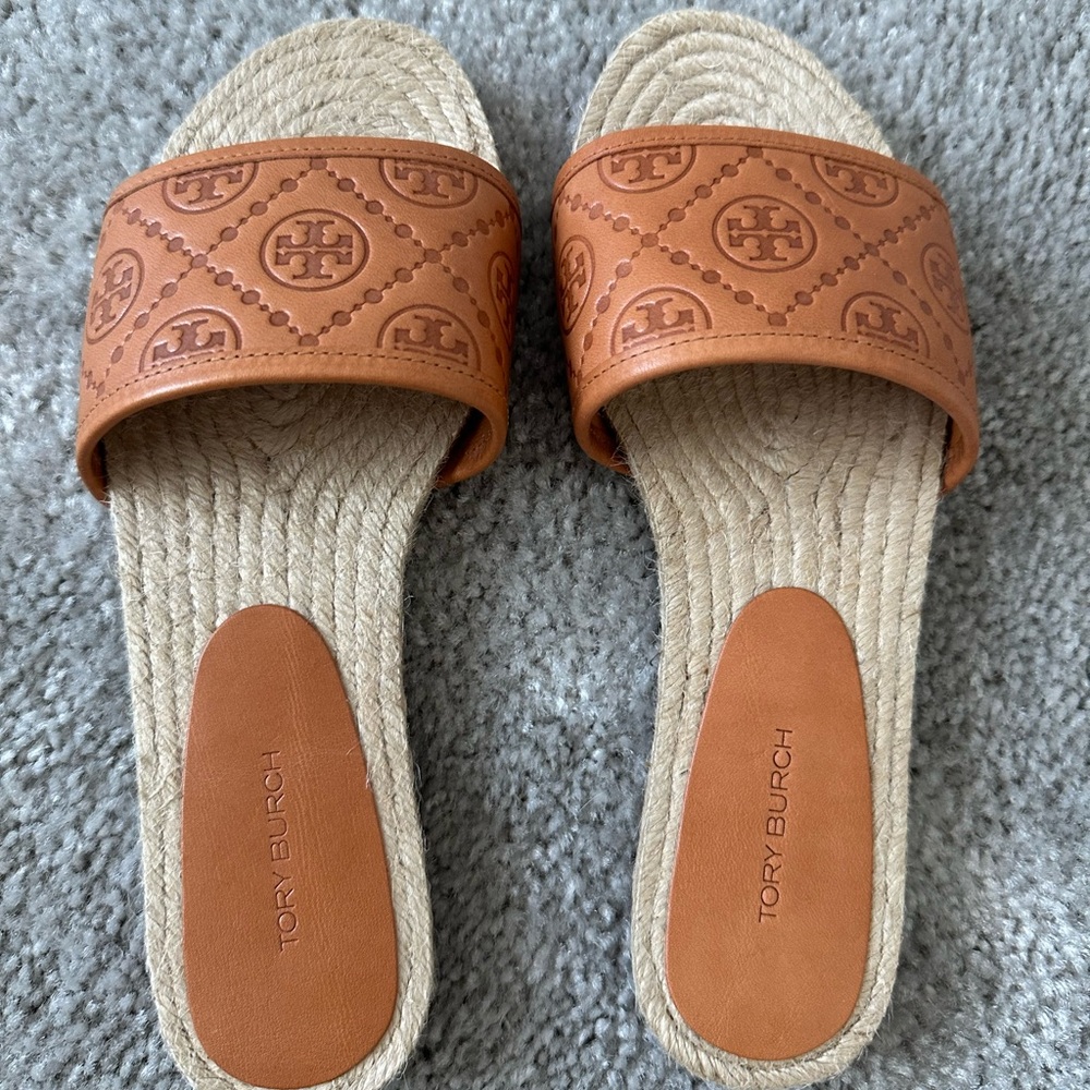 Tory Burch T Monogram Espadrille Slide Brown Cammello Size 6.5 New